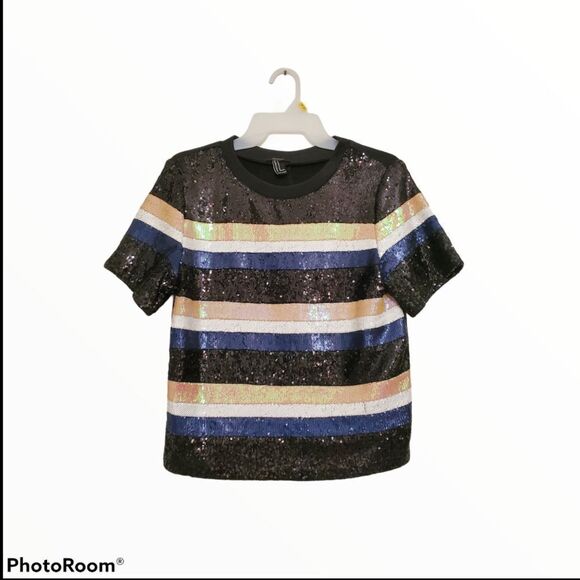 Forever 21 Striped Sequined Glam Boxy Night Out Festive Crew Neck Tee Shirt - Picture 2 of 5